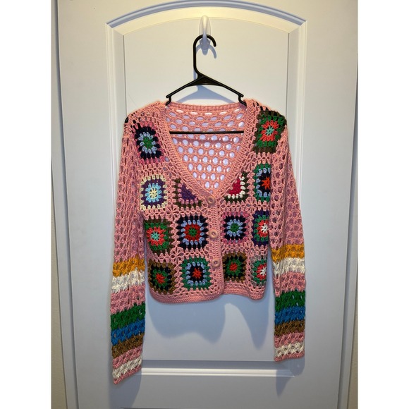 Sweaters - Pink Crotchet Vintage Cardigan Sweater with colorful block pattern Size XS-Small